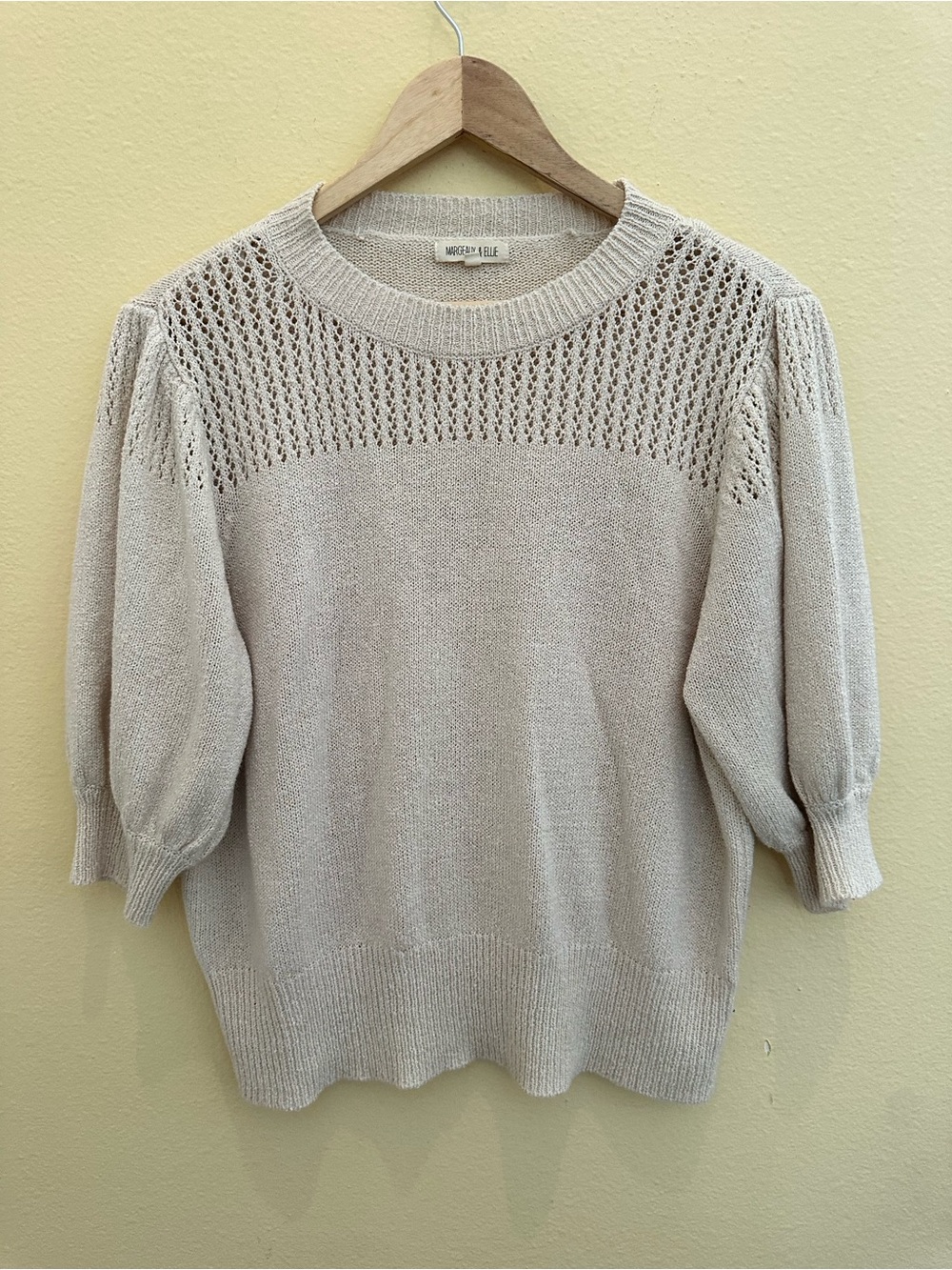 Margeaux & Ellie Beige Open-Knit Yoke Puff Sleeve Sweater
